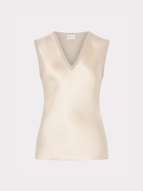 MILLY Satin Knit Combination V-Neck Top