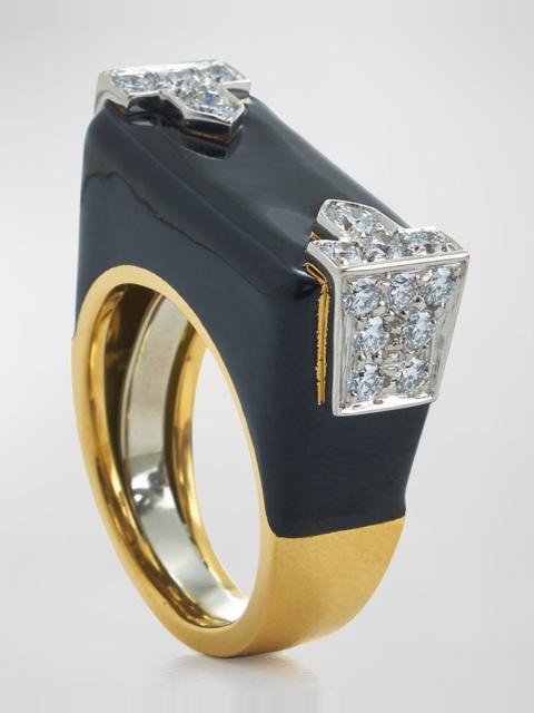 DAVID WEBB 18k Black Enamel & Diamond Hero Ring, Size 6.5
