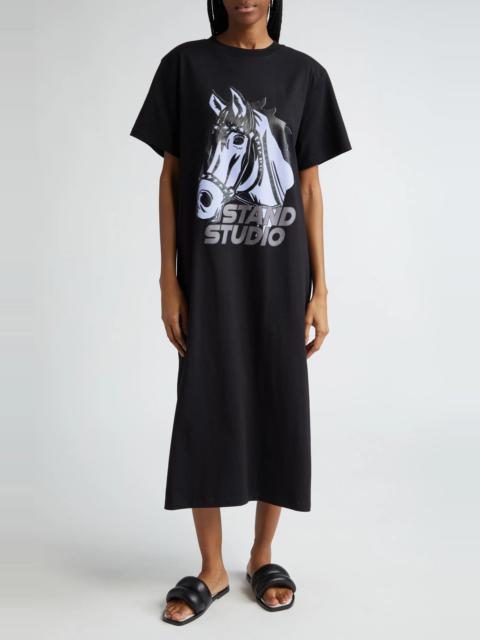 STAND STUDIO Margo Organic Cotton Oversize T-Shirt Dress in Black/Stallion