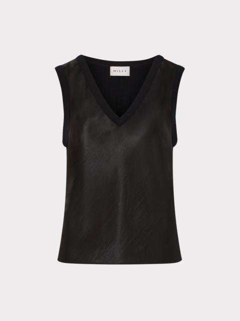 MILLY Satin Knit Combination V-Neck Shell Top
