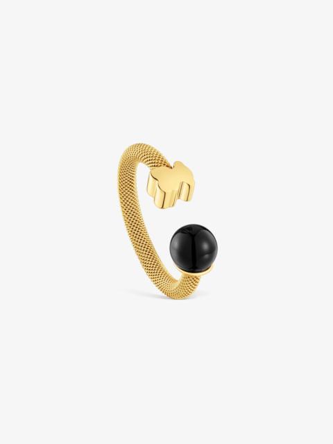 TOUS Gold-colored steel Open ring with onyx Icon Mesh