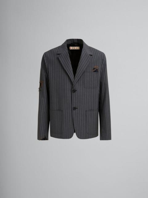 Marni BLACK PINSTRIPE WOOL BLAZER WITH MARNI MENDING PATCHES