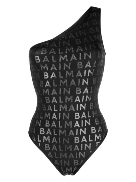 Balmain logo-print one-shoulder swimsuit