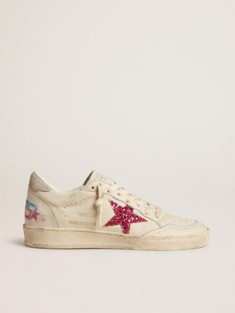 Ball Star LTD with fuchsia glitter star and light gray suede heel tab