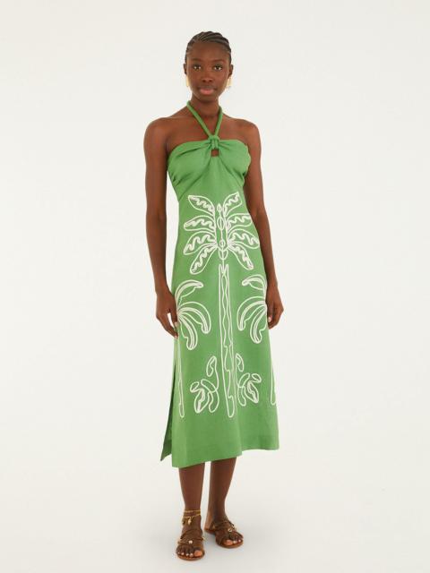 FARM RIO Green Palm Tree Embroidered Halter Neck Midi Dress