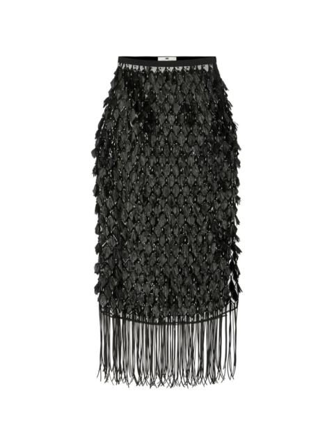 ELISABETTA FRANCHI 3D embroideries fringed midi skirt