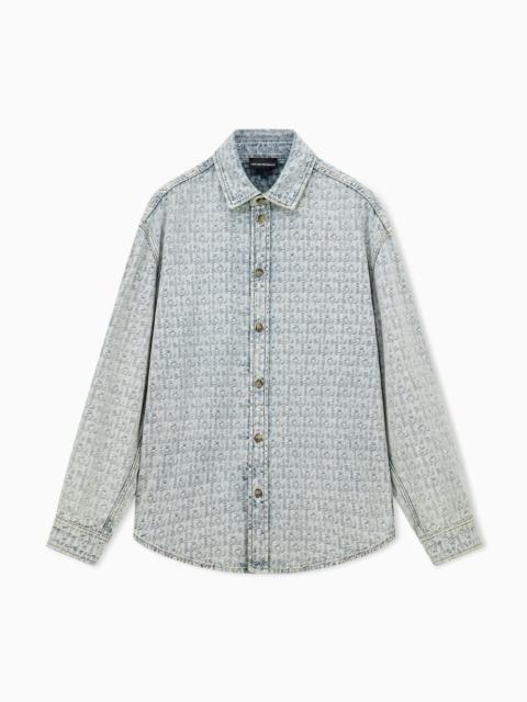 EMPORIO ARMANI DENIM SHIRT WITH AN ALL-OVER JACQUARD MONOGRAM PATTERN