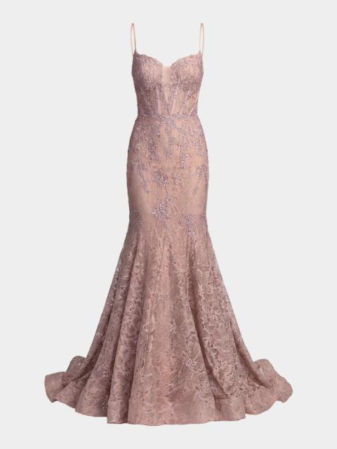 MAC DUGGAL Embroidered Lace Bustier Mermaid Gown