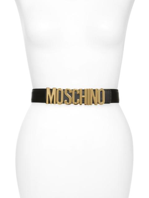 Moschino Logo Plate Leather Belt in Black W/Gold at Nordstrom