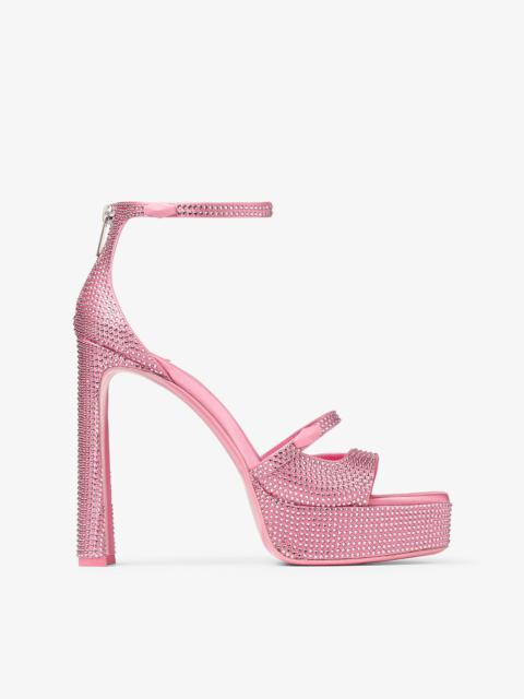JIMMY CHOO Claressa Platform 125 Candy Pink Satin Crystal Platform Sandals