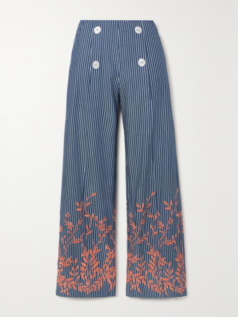 LORETTA CAPONI + Net Sustain Alicia Embroidered Striped Cotton-twill Straight-leg Pants