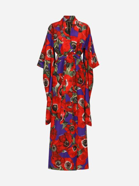 Silk kimono robe with anemone print