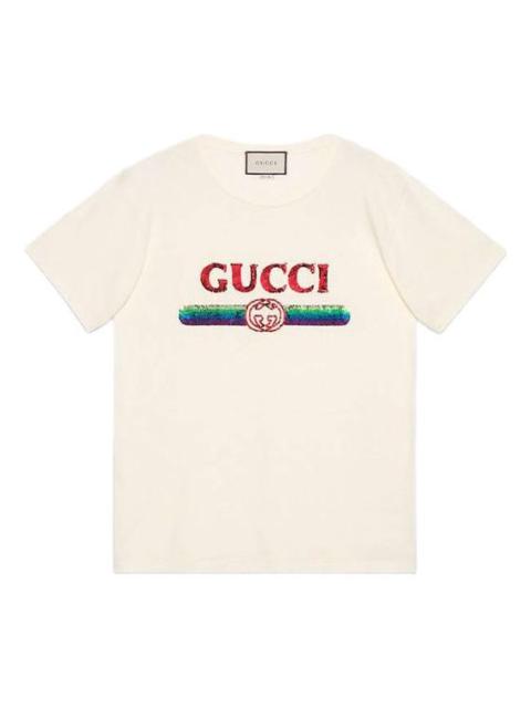 GUCCI (WMNS) Gucci Sequined Letter Logo Oversized Short-Sleeved For White 492347-XJARM-7136