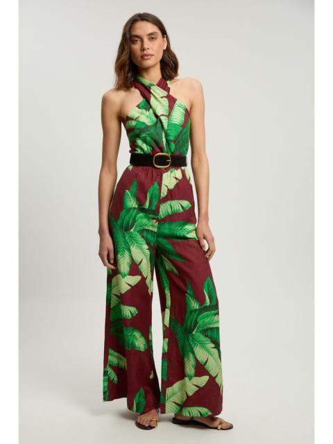KAREN MILLEN Viscose Linen Palm Tree Belted Halterneck Woven Jumpsuit