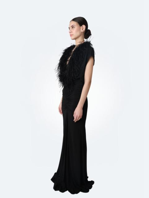 LAPOINTE Jersey V Neck Shirred Gown With Feathers
