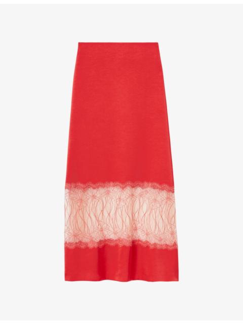 Claudie Pierlot Lace-Embroidered Satin Midi Skirt