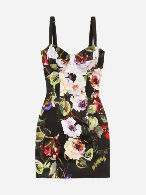 Short satin corset dress with rose garden print