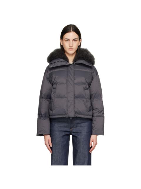 Yves Salomon Gray Waterproof Technical Lambswool Trim Short Down Jacket