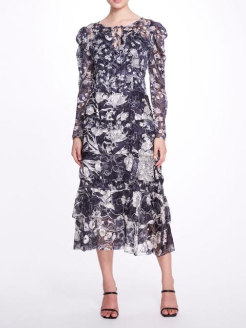 Marchesa LONG-SLEEVED TIERED RUFFLE CHIFFON MIDI DRESS