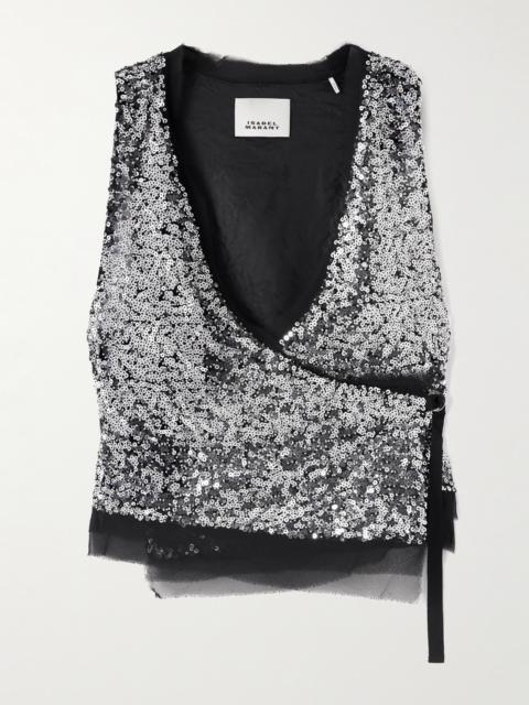 Isabel Marant Tahina Tulle-trimmed Sequined Crepe Wrap Top