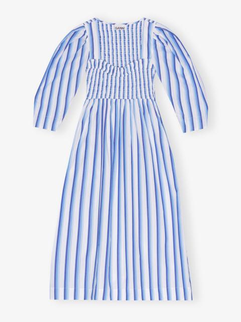 GANNI BLUE STRIPED COTTON SMOCK LONG DRESS
