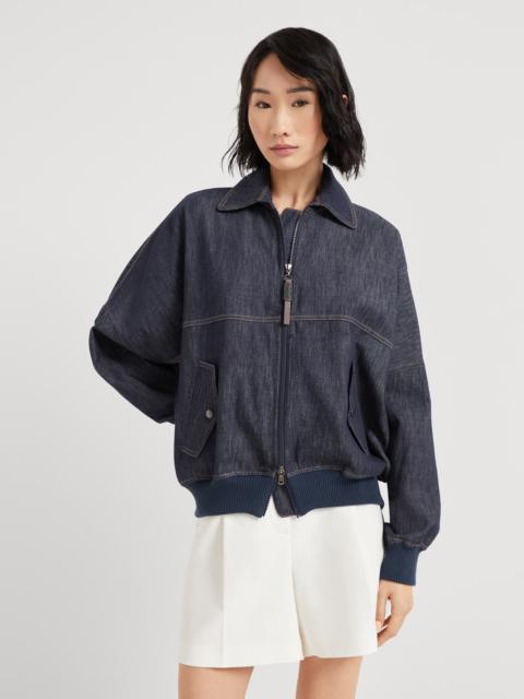 Brunello Cucinelli Denim-effect twill bomber jacket with shiny zipper pull