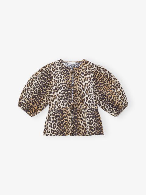 GANNI LEOPARD COTTON POPLIN PEPLUM TIE BLOUSE