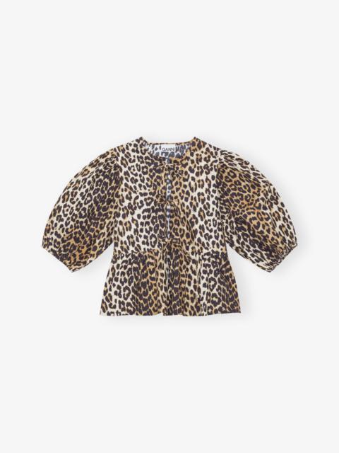 LEOPARD COTTON POPLIN PEPLUM TIE BLOUSE