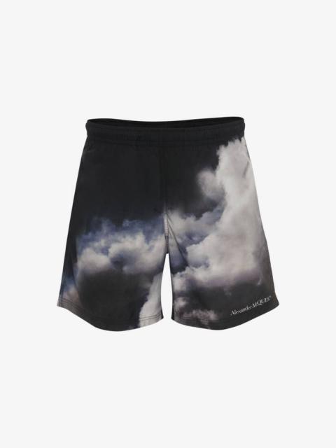 Alexander McQueen Engineered Storm Sky Print Swim Shorts in Midnight Blue/light Grey