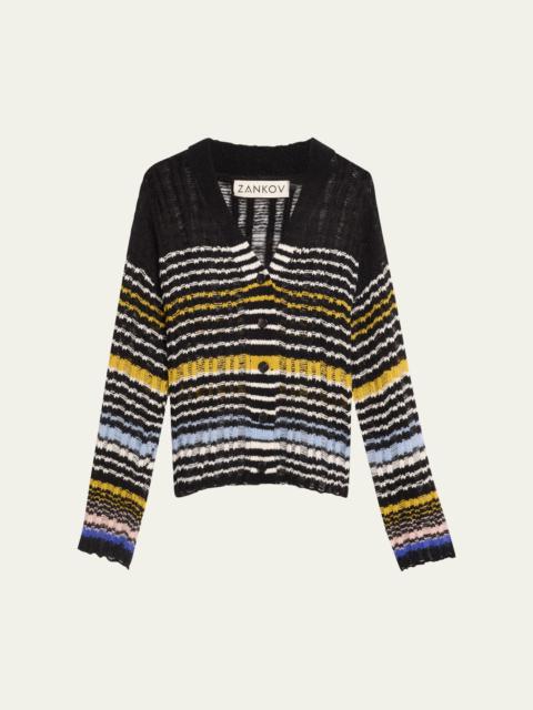 ZANKOV Stephen Striped Boucle Knit V-Neck Cardigan