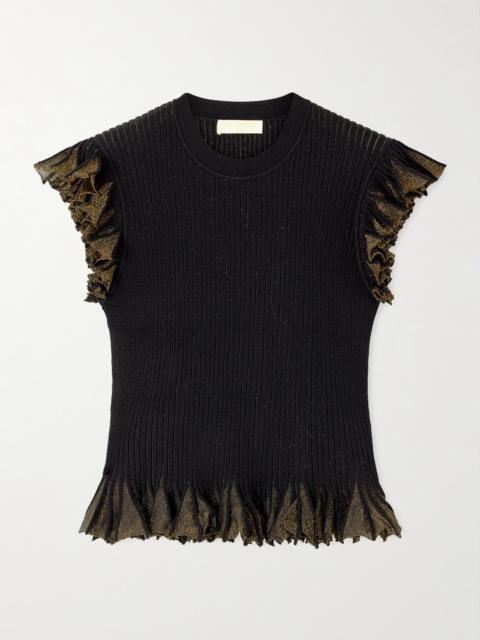 ULLA JOHNSON Leila Ruffled Ribbed Metallic-knit Top