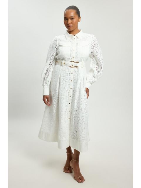 KAREN MILLEN Plus Size Cotton Cutwork Woven Shirt Midi Dress