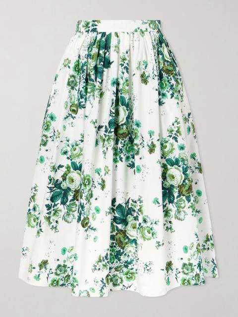 Erdem Pleated floral-print cotton-poplin midi skirt Mint