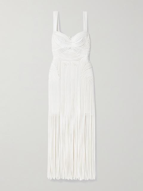 SIMKHAI Darby Fringed Appliquéd Tulle Midi Dress
