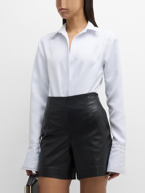 LaQuan Smith Open-Front Collared Long-Sleeve Bodysuit