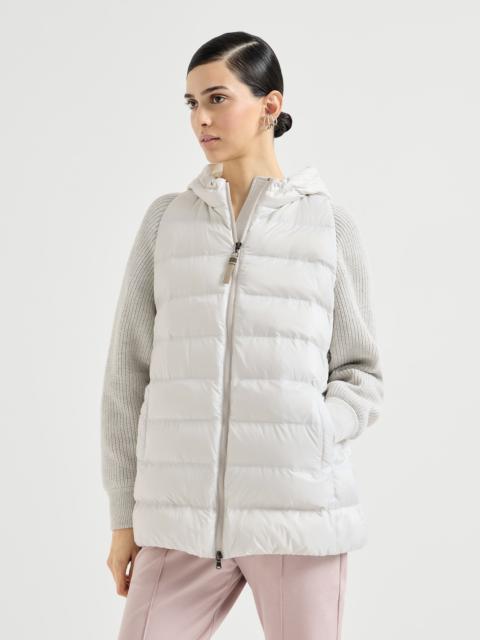 Water-resistant matte nylon hooded down jacket with virgin wool, cashmere and silk knit sleeves and 