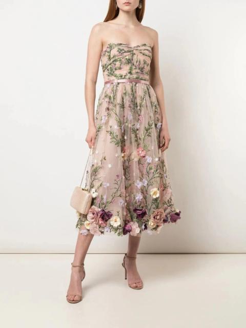 Marchesa STRAPLESS 3D FLORAL EMBROIDERED TEA-LENGTH MIDI DRESS