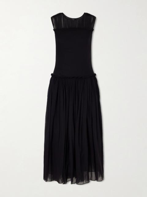 ABADIA Plissé Chiffon-trimmed Silk-satin Midi Dress