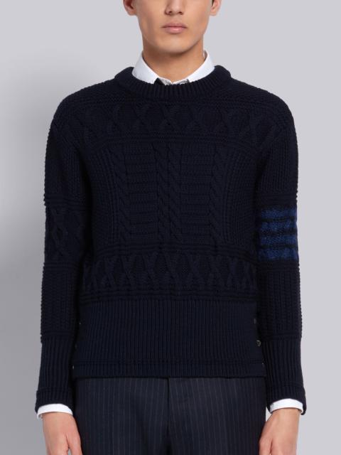 Navy Fine Merino Wool Aran Cable Tonal 4-Bar Crewneck Pullover