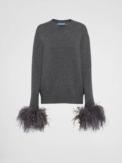 Feather-trimmed cashmere crew-neck sweater