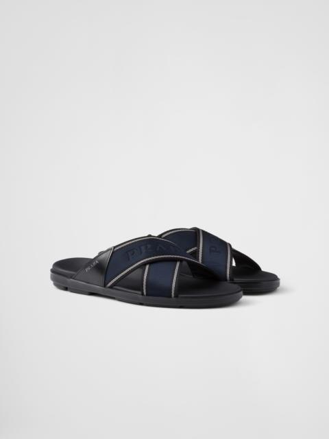 Prada Brushed leather and Re-Nylon tape crisscross slides