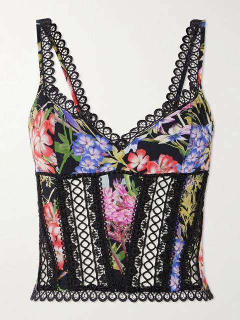 Charo Ruiz Poppy guipure lace-trimmed floral-print cotton-blend voile bustier top Black
