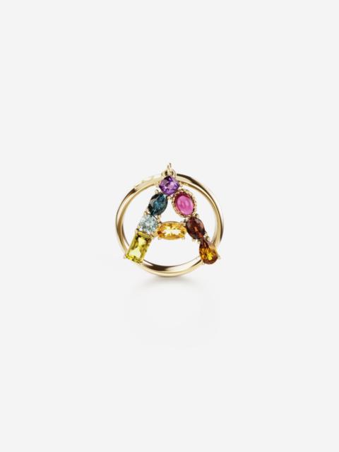 Rainbow alphabet A ring in yellow gold with multicolor fine gems