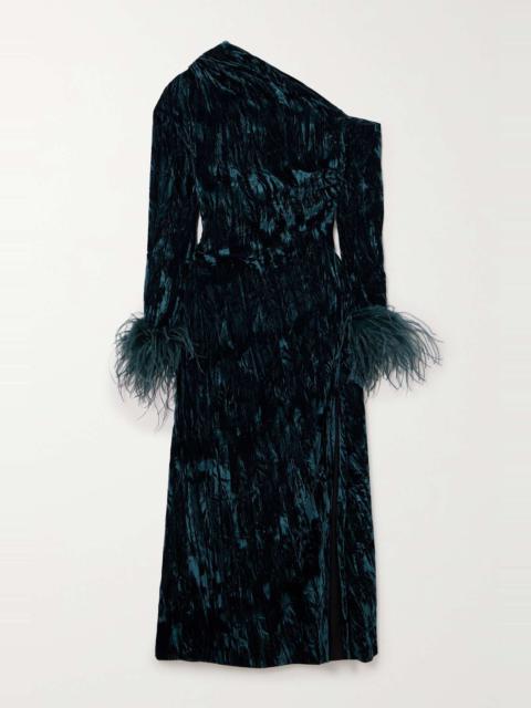 Adelaide one-shoulder feather-trimmed crushed-velvet midi dress