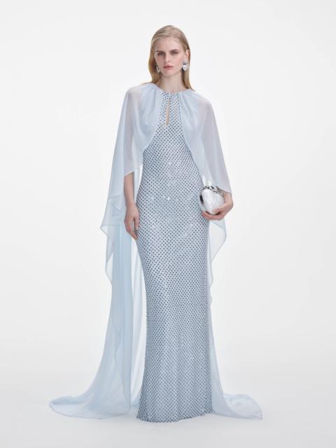 Pale Blue Rhinestone Cape Maxi Dress