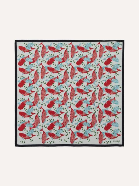 Drake's Ecru Whale Print Silk Pocket Square