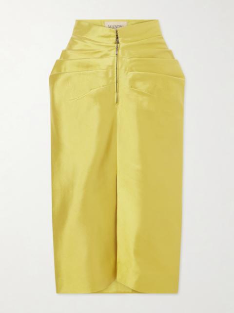 Valentino Ruched Silk-twill Midi Skirt