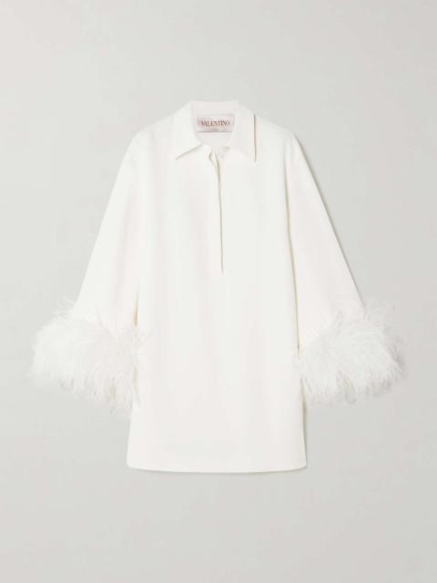 Feather-trimmed silk-crepe mini shirt dress