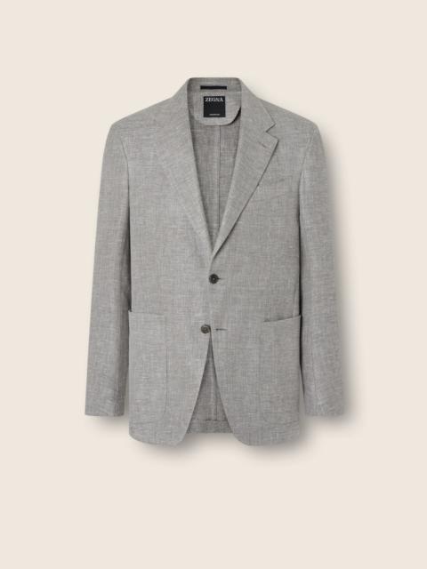 ZEGNA DARK TAUPE AND WHITE CROSSOVER LINEN WOOL AND SILK BLEND JACKET