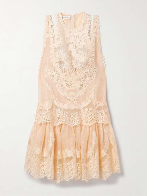 Natura guipure lace-trimmed linen and silk-blend mini dress